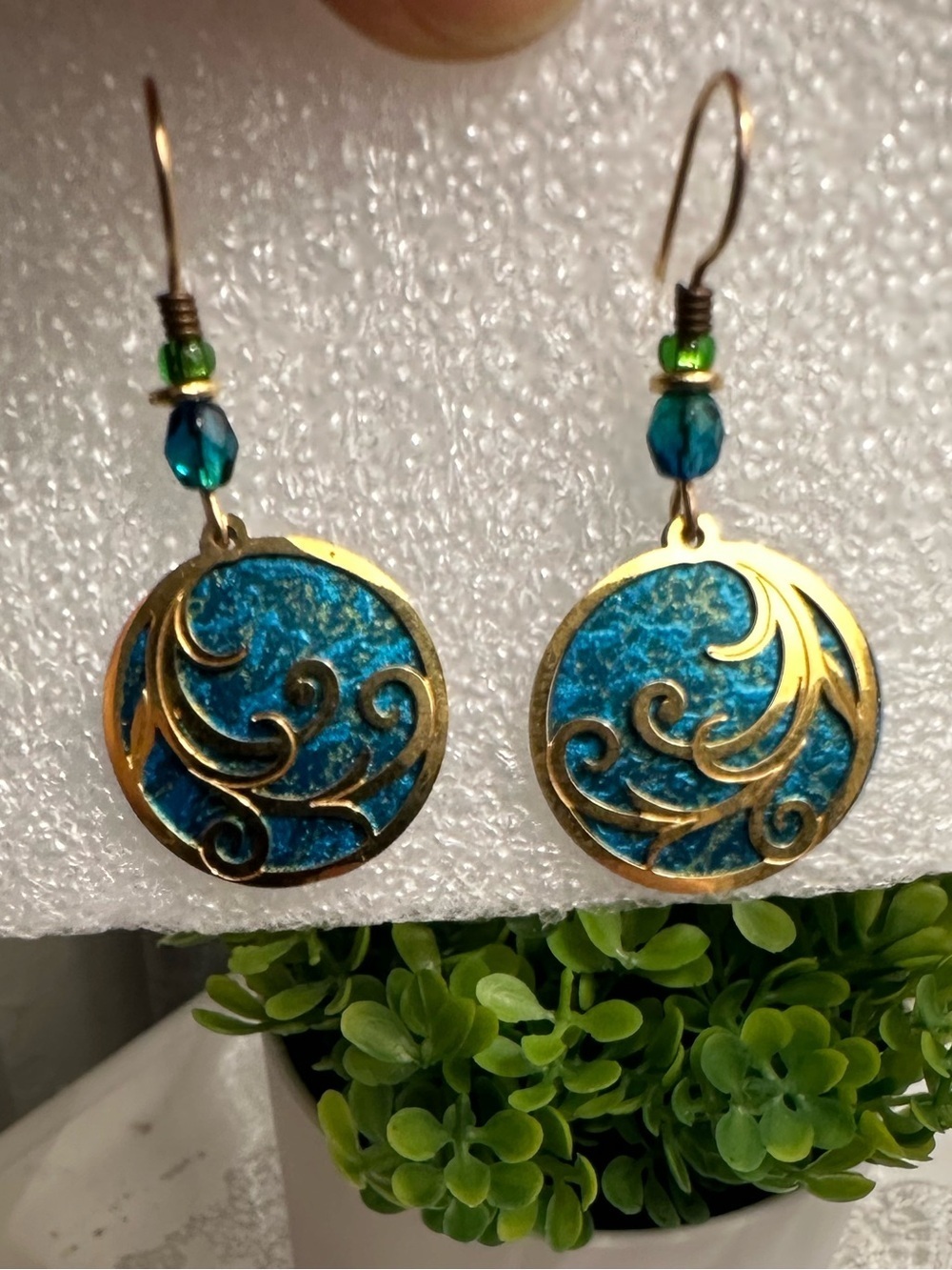 Teal and Gold Filigree Round Drop Earrings
